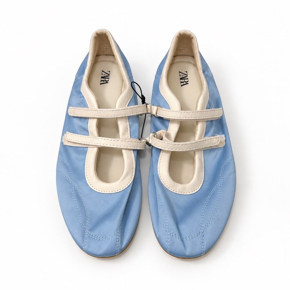 Zara Satin Ballet Flats Blue Double Strap Mary Jane Shoes EU 39